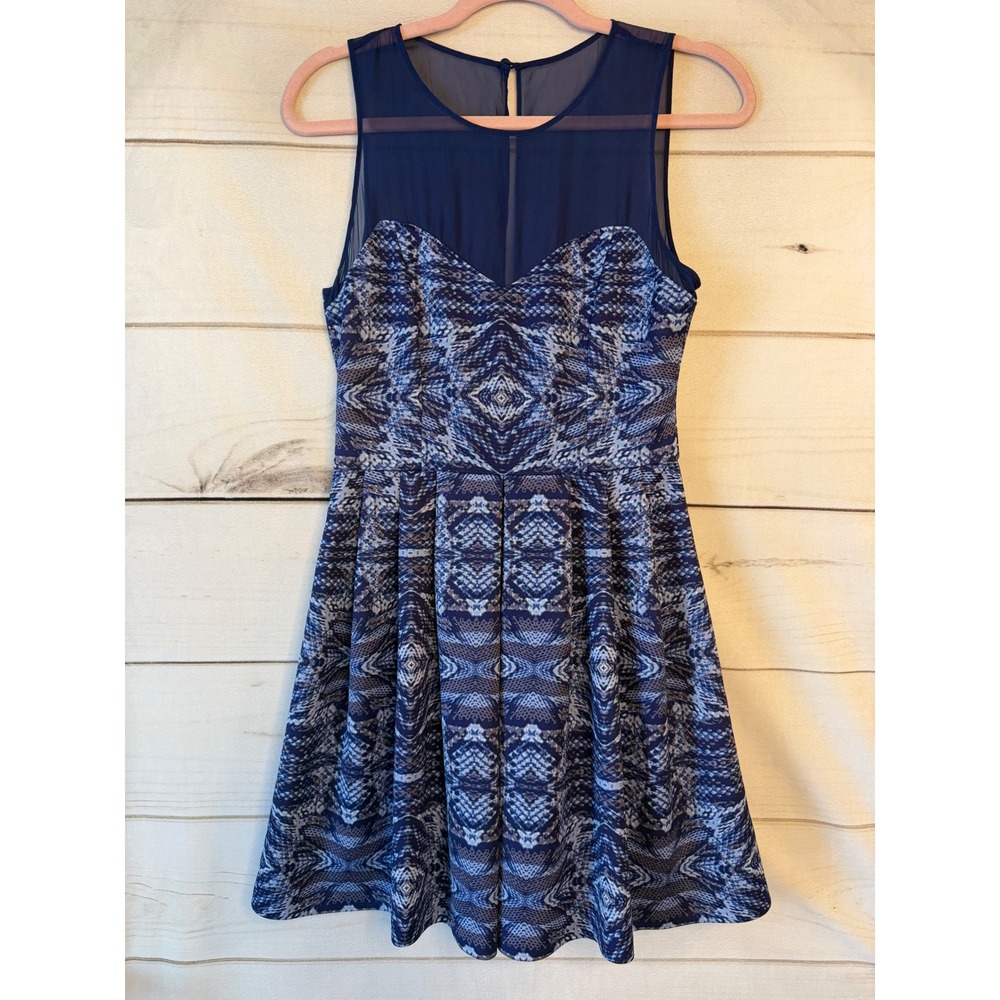 Ali Ro Blue Snakeskin Print Fit and Flare Dress Silk Mesh Yoke Size 4